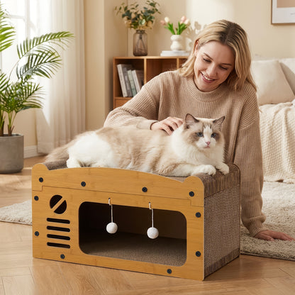 Grand griffoir lit pour chat avec jouets suspendus et coussin confortable - Carton durable, conception à plusieurs niveaux pour toutes les tailles de chats, cadeau d'été parfait pour les amoureux des chats, griffoir | Fauteuil décoratif | Construction rob