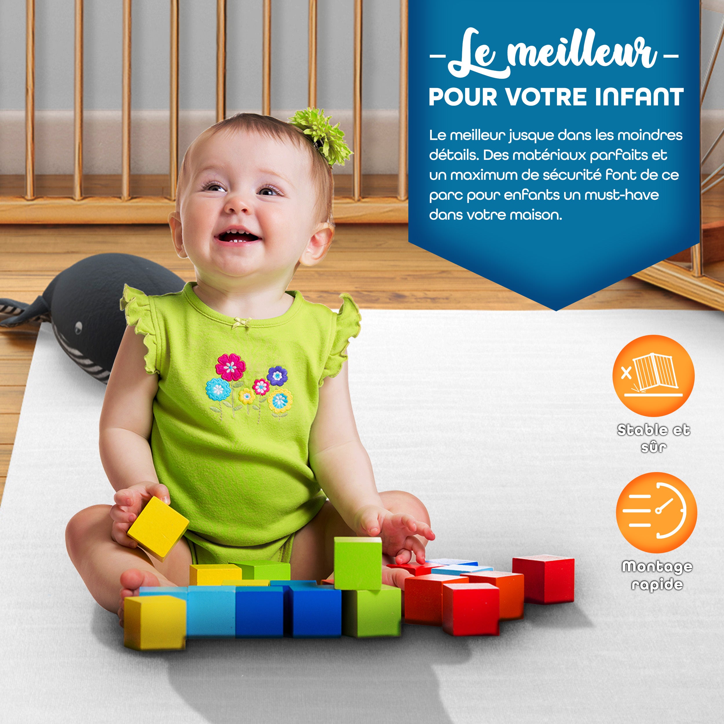 KIDUKU® Parc bébé pliable XXL de 7,2 mètres avec porte | Parc en bois avec double sécurité | Parc pliable pour enfants avec 8 éléments