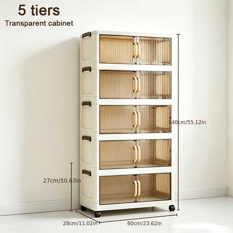 Bacs de rangement en plastique à 5 niveaux de 60 cm, boîtes empilables avec couvercles, conteneurs pliables avec roulettes verrouillables pour chambre à coucher, salon, bureau et bureau