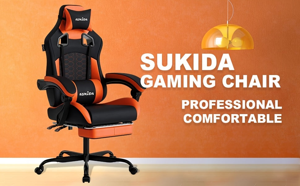 Chaise de Jeu SUKIDA, Chaise de Jeu Ergonomique avec Repose-Pieds, Chaise de Jeu de Course avec Appui-Tête Réglable et Soutien Lombaire Ajustable pour Bureau à Domicile et Jeux en Couleur Beige