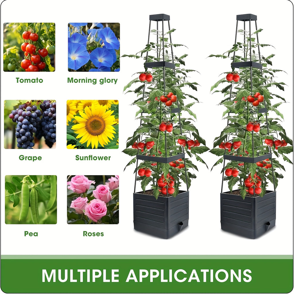 Deux Supports de Culture pour Tomates avec Auvent, Bacs de Jardin de 57 Pouces de Haut pour Plantes Potagères Grimpantes, Cages à Tomates Autoirrigantes, pour Pots de Jardin Intérieur et Extérieur sur la Serre de Patio