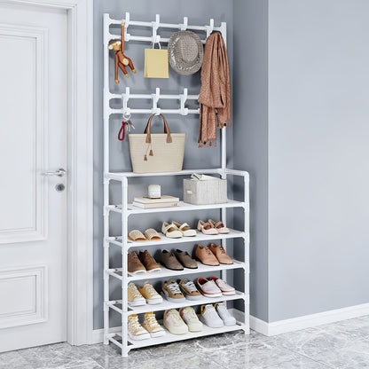 Porte-Chaussures Économiseur d'Espace - Porte-Manteau à 5 Niveaux avec 8 Crochets, Structure Solide en Métal Doré/Plastique, Design Autoportant ou Mural pour Maison, Bureau et Magasin - Idéal pour Ranger Chaussures, Manteaux, Chapeaux, etc., Cadeau d'Hall
