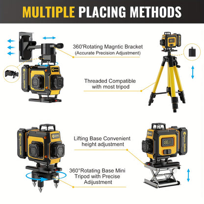 Niveau laser autodresseur 4D professionnel Conentool avec ou sans trépied robuste et barre d'extension, projecteur de lignes horizontales/verticales 16 lignes, options batterie/affichage LCD, base rotative 360° adapté au bricolage et à la rénovation