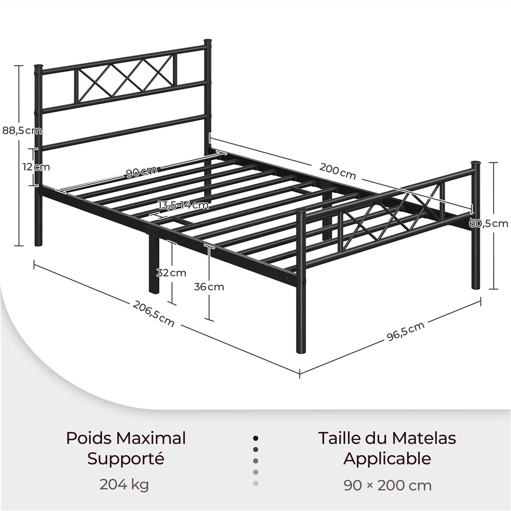 Costoffs Cadre de Lit en Métal Moderne - Structure à 6 Pieds avec Tête de Lit Design en Forme X - Sommier à Lattes Métalliques et Grand Espace de Rangement Sous-lit - Idéal pour Chambre d'Invite, Dortoir ou Appoint - Style Industriel Élégant