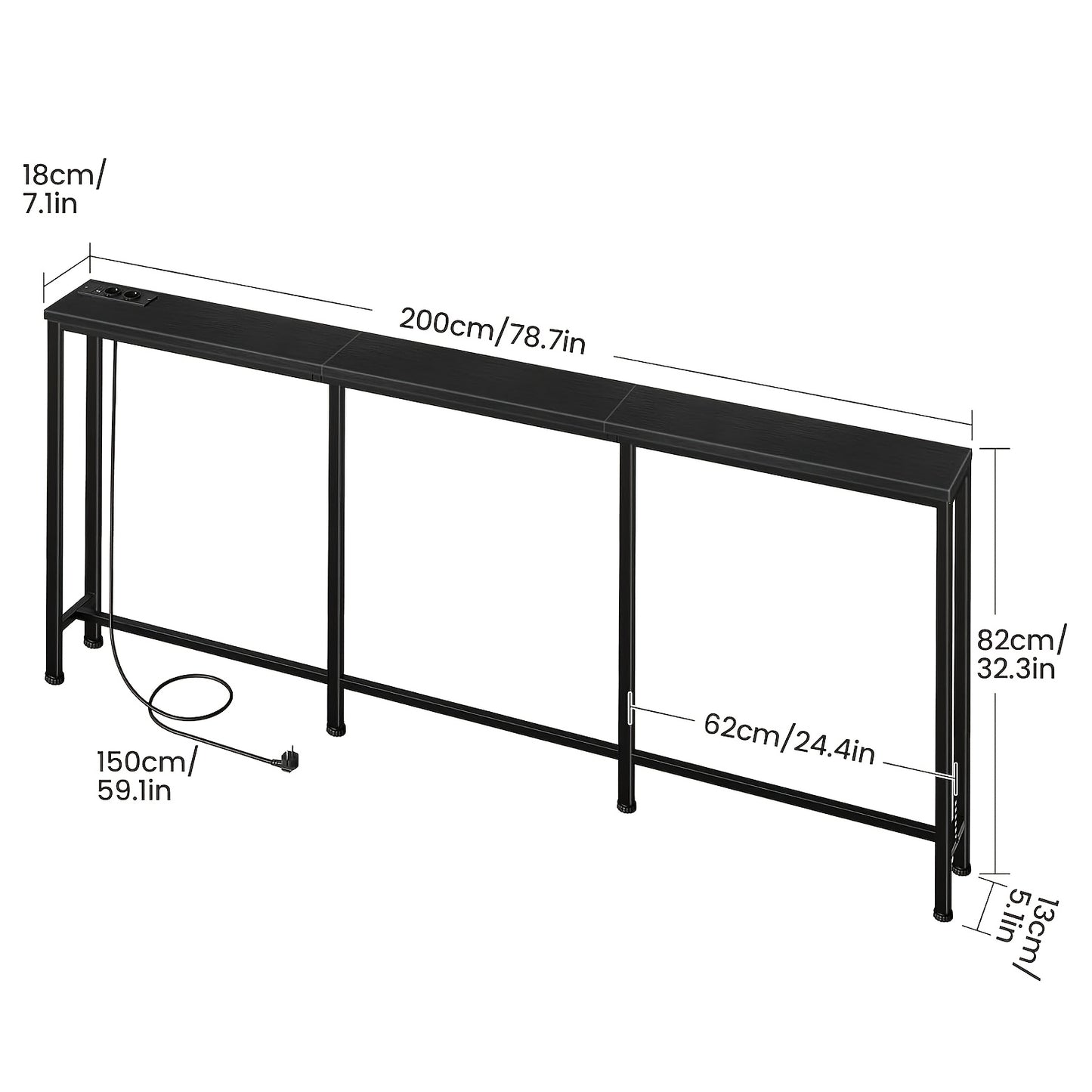 Table Console Moderne Industrielle Étroite avec Station de Chargement et Ports USB - Bois Ingénierie Robuste et Métal, Idéale pour Entrée, Salon, Table de Canapé, Bureau de Chargement USB pour Hall, Couloirs, Entrées