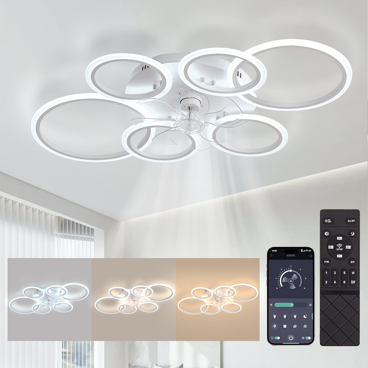 Ventilateur de Plafond Moderne Blanc avec Lumière et Télécommande, Conception Circulaire Silencieuse, Moteur à Courant Continu avec Mode Réversible Été/Hiver, Convient pour Chambre, Salon, Cuisine, 100 cm