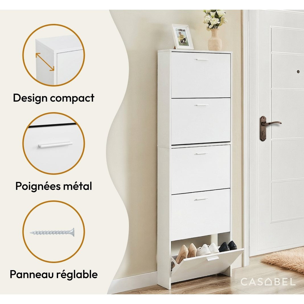 Meuble à chaussures fin avec 5 compartiments à rabat, armoire à chaussures en bois pour jusqu'à 15 paires, organisateur d'entrée peu encombrant
