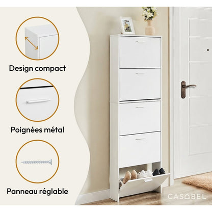 Meuble à chaussures fin avec 5 compartiments à rabat, armoire à chaussures en bois pour jusqu'à 15 paires, organisateur d'entrée peu encombrant