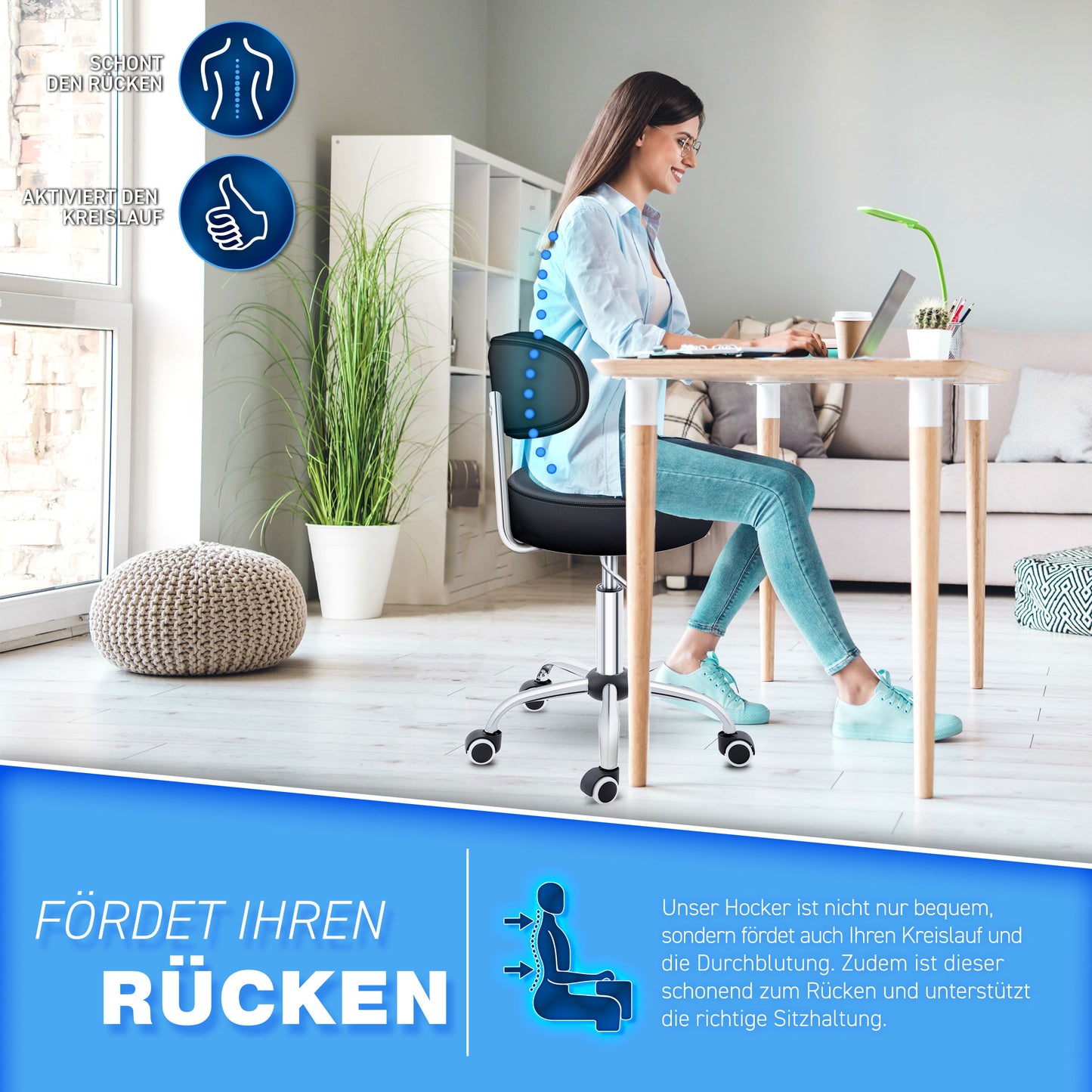 Tabouret Escalier TRESKO® avec Dossier 150 Kg | Tabouret de Travail Réglable en Hauteur 47-60 Cm | Tabouret Pivotant avec Roulettes | Tabouret Chaise de Bureau Chaise Pivotante