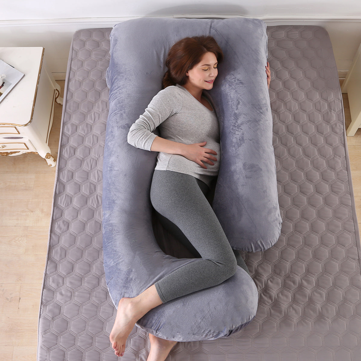 Oreiller de grossesse en velours de cristal en forme de J 70 X 145 cm - Soutien lombaire et abdominal, haute résilience, ultra confort
