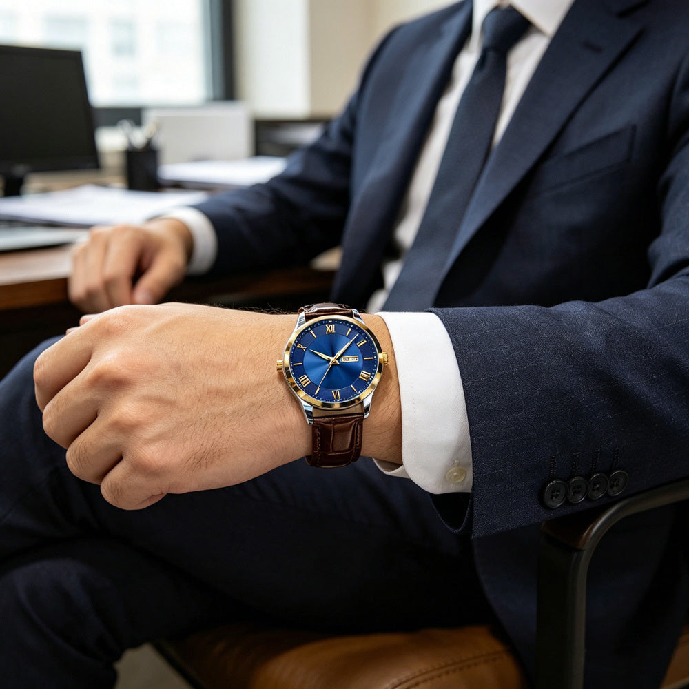 Montre-bracelet vintage minimaliste pour homme avec bracelet en cuir PU souple et affichage double date transparent, accessoire de luxe quotidien pour les trajets professionnels et les banquets, cadeau d'anniversaire idéal pour messieurs, cadran fin et dé