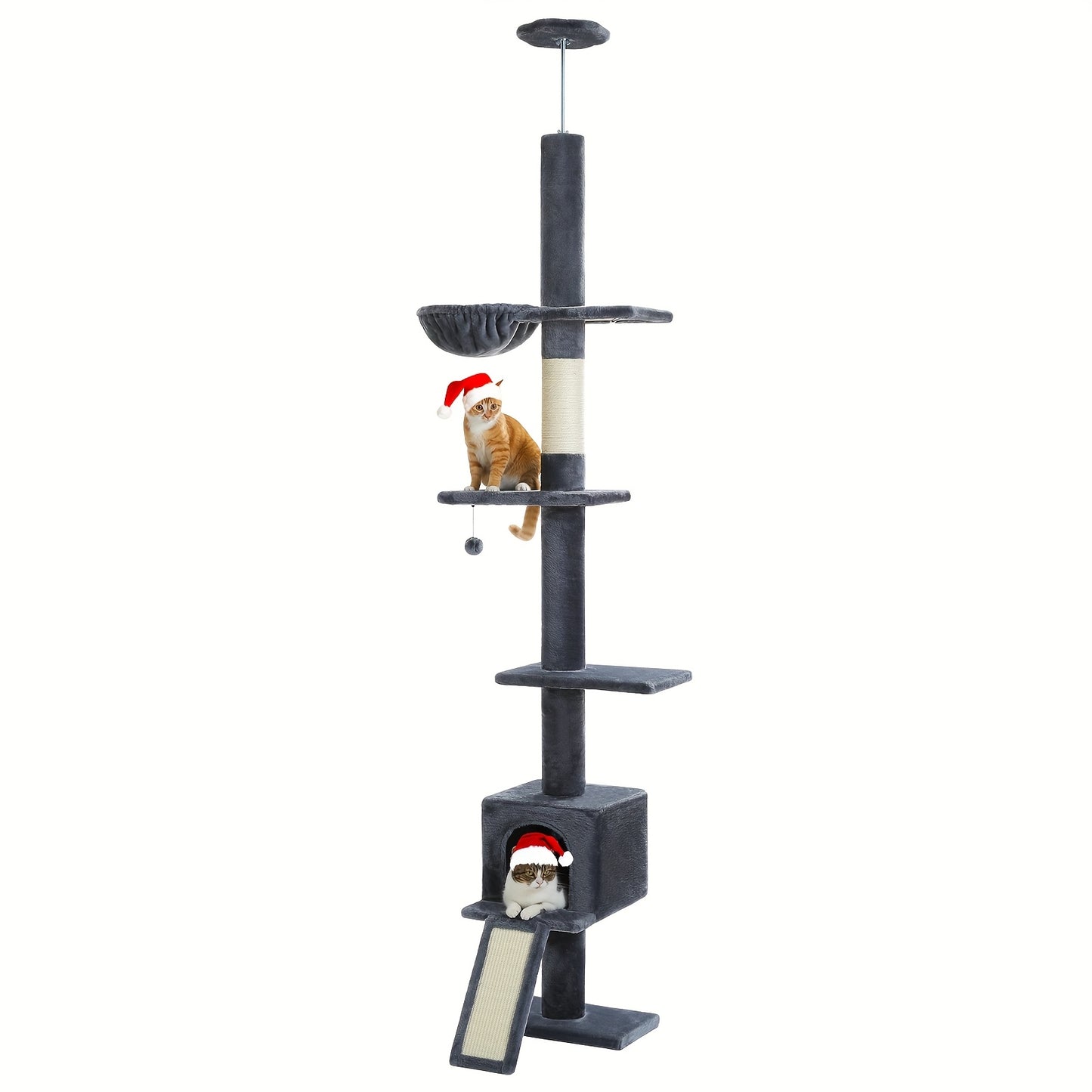 PAWZ Road Arbre à Chat du Sol au Plafond à Hauteur Réglable de 216 cm à 273 cm, Tours pour Chats avec Espace d'Activité Spacieux, Hamac et Cabane pour Chat, Ceinture -Chute, 5 Niveaux