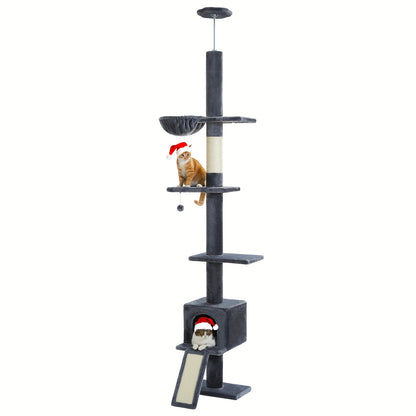 PAWZ Road Arbre à Chat du Sol au Plafond à Hauteur Réglable de 216 cm à 273 cm, Tours pour Chats avec Espace d'Activité Spacieux, Hamac et Cabane pour Chat, Ceinture -Chute, 5 Niveaux