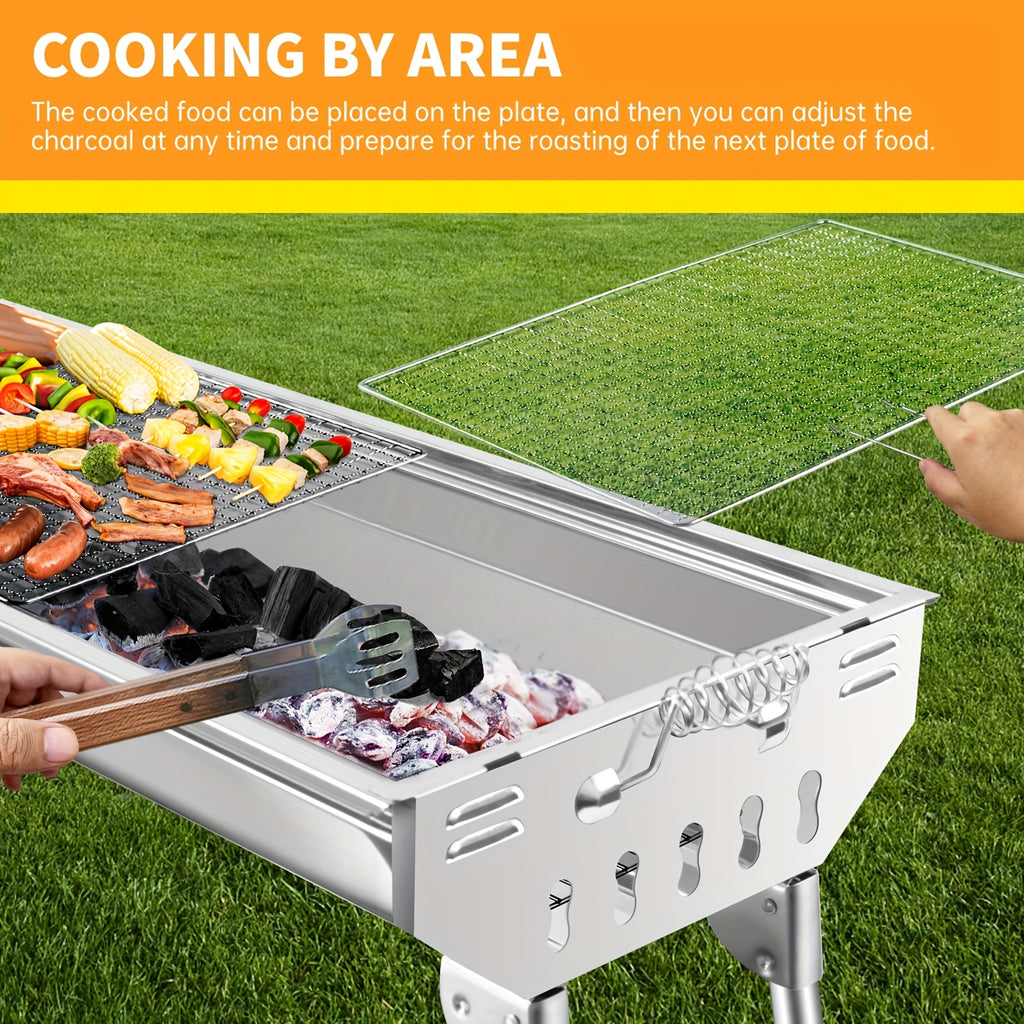 Gril à Charbon Pliable en Acier Inoxydable avec Couvercle - Gril Portable Pliable Idéal pour Barbecue, Camping, Pique-nique et Festival - Compatible Charbon et Briquettes - Fumoir à Charbon pour Extérieur