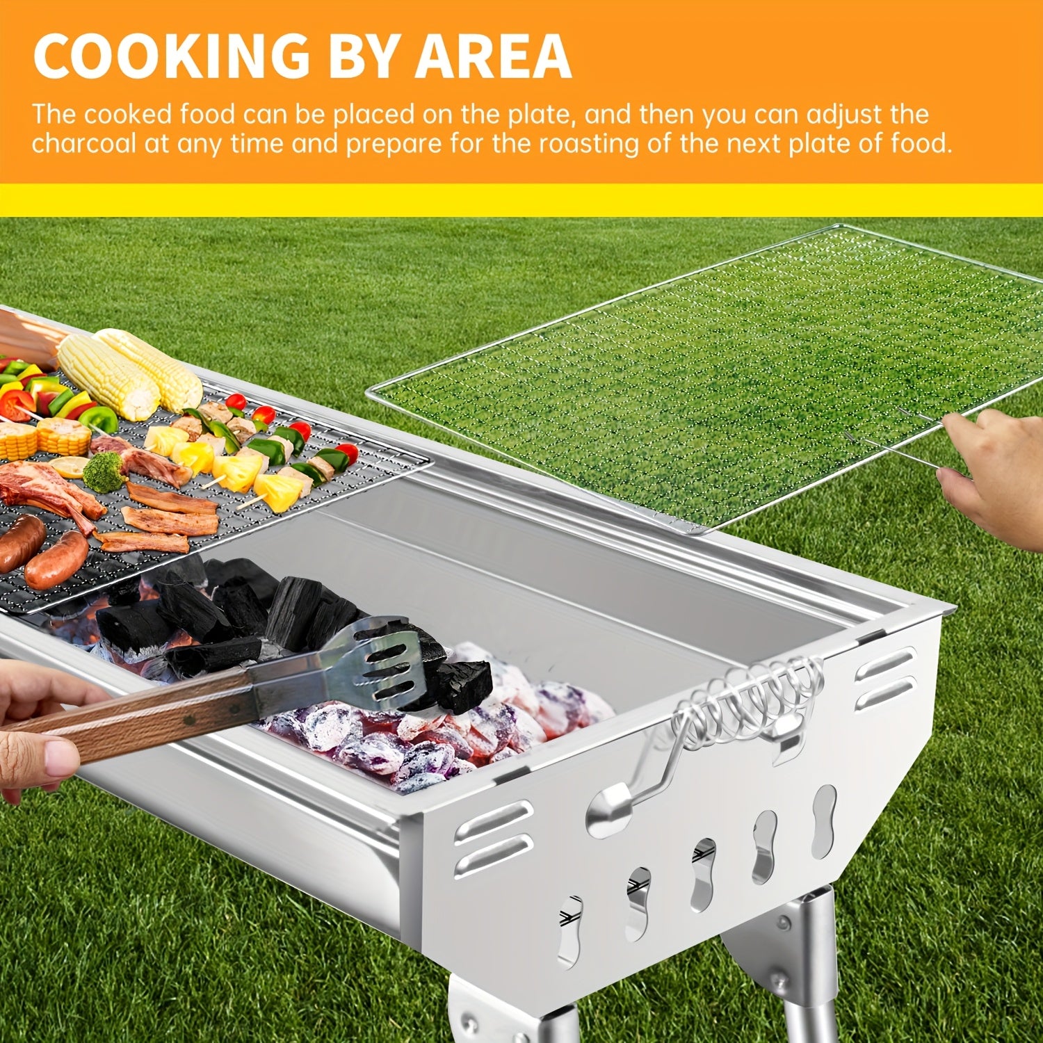 Gril à Charbon Pliable en Acier Inoxydable avec Couvercle - Gril Portable Pliable Idéal pour Barbecue, Camping, Pique-nique et Festival - Compatible Charbon et Briquettes - Fumoir à Charbon pour Extérieur
