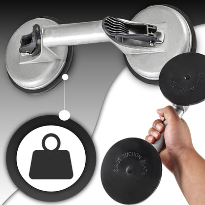 Double Ventouse pour Verre, Vitrage de Carrelage, Supports en Aluminium, Releveur Professionnel avec Levier Mécanique, Surface Antidérapante, Diamètre 2x11,5 cm, Capacité de Charge 60–100 kg, Corps Robuste en Aluminium, Poignée Ergonomique pour Transport