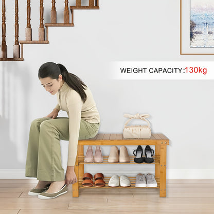 Tabouret à chaussures en bambou de 70*27*42 cm, un article ménager polyvalent et facile à utiliser avec un support de rangement à deux niveaux et un banc à chaussures, conçu de manière compacte pour une utilisation dans les salons et les balcons