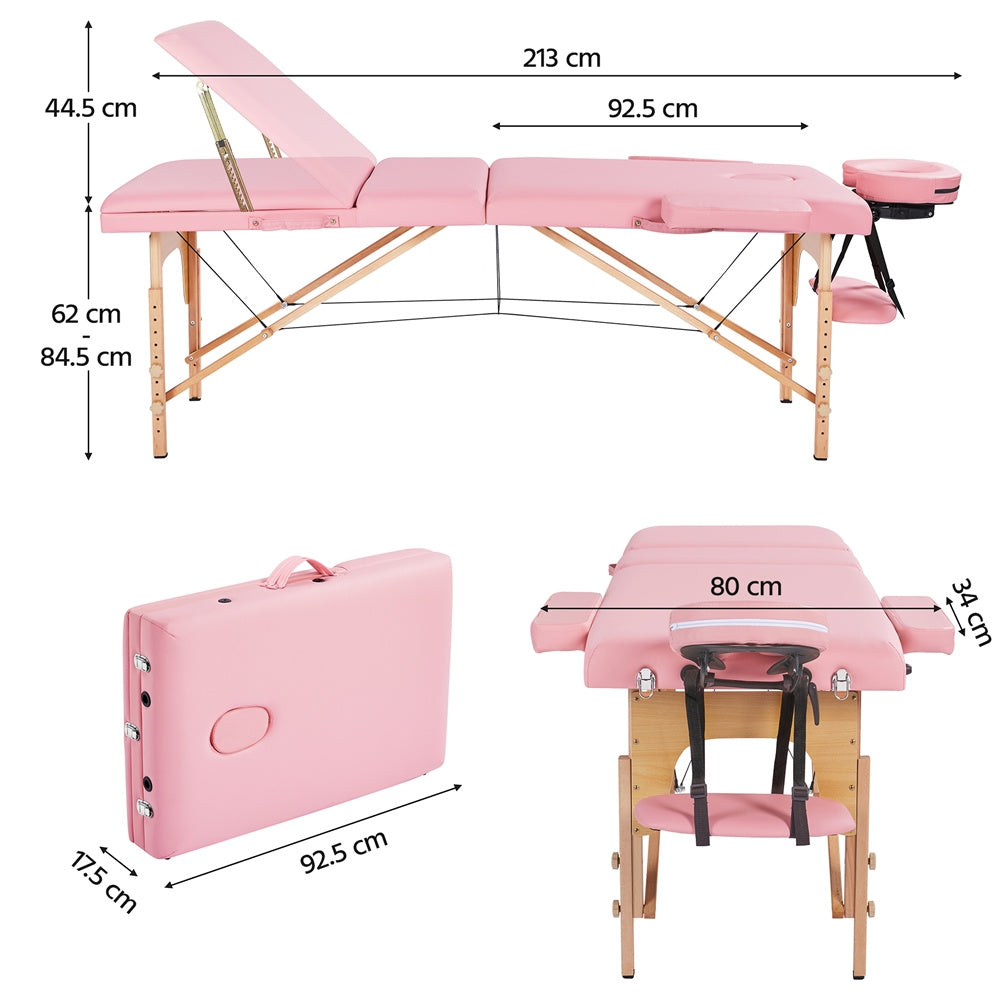 Costoffs Table de Massage Professionnelle 3 Sections Pliable - Hauteur Réglable (8 Niveaux) - Structure en Bois de Hêtre Rose Massif 250kg - Avec Dossier/Têtière/Repose-bras - Pour Clinique, Domicile, Salon de Beauté & Spa