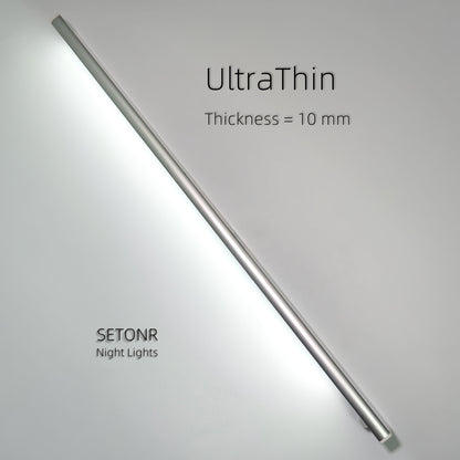 SETONR Slim LED Lampes Sous Meuble - Boîtier Métallique, Rechargeable, 450/600/2200/4400 Mah, Détecteur de Mouvement Humain, Dimmable, Adhésif, Éclairage de Cuisine à Piles pour Placards, Comptoirs et Étagères, Jusqu'à 60Cm, Longue Autonomie Disponible