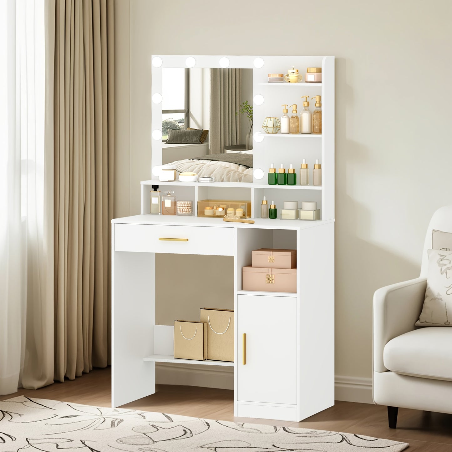 Coiffeuse avec Miroir et 10 Lumières LED, Coiffeuse avec 3 Étagères et 4 Compartiments Ouverts, Coiffeuse avec Grand Tiroir et Placard, 3 Niveaux d'Éclairage Réglables, Blanc, Gris Beige