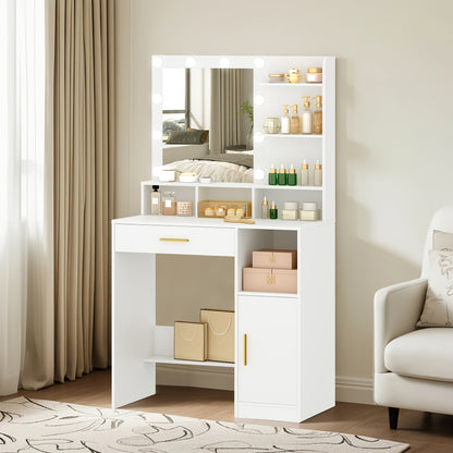 Coiffeuse avec Miroir et 10 Lumières LED, Coiffeuse avec 3 Étagères et 4 Compartiments Ouverts, Coiffeuse avec Grand Tiroir et Placard, 3 Niveaux d'Éclairage Réglables, Blanc, Gris Beige