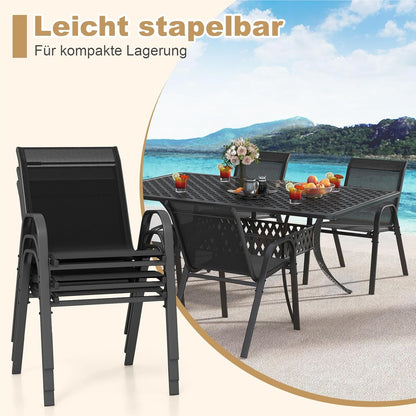 Ensemble de 4 chaises de jardin empilables, chaises de patio en textilène et cadre métallique avec accoudoirs, chaises de balcon avec capacité de charge de 150 kg, 56 x 70 x 84 cm (Noir)