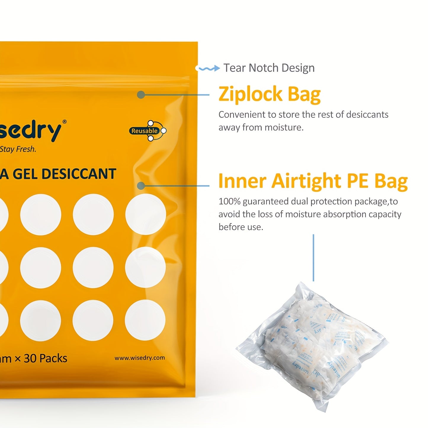 Lot de sachets déshydratants réutilisables Wisedry 5g 10g 50g, emballés individuellement, double couche scellée