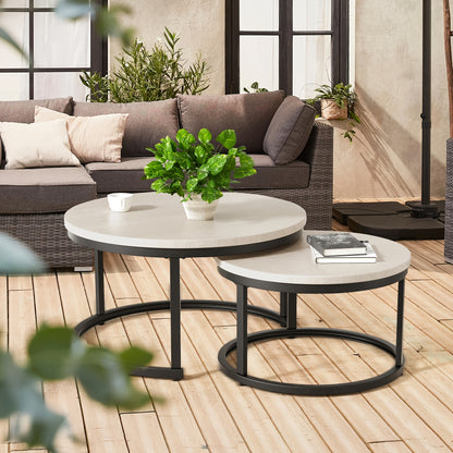 Ensemble de 2 tables gigognes rondes modernes avec cadre et plateau en placage stratifié - Gain de place, convient pour tables basses de salon, chambre, balcon, meubles rétro à assembler pour petits espaces (assemblage requis)