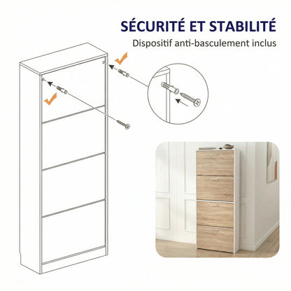 Meuble à chaussures avec 4 compartiments à rabat, armoire à chaussures en bois pour jusqu'à 24 paires, organisateur d'entrée peu encombrant