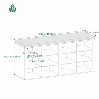 Banc de Rangement pour Chaussures, Siège avec Étagère, Incluant un Meuble, Coussins Rembourrés, Doté de 12 Compartiments, Convient aux Salons, Couloirs et Chambres, dans une Couleur Blanc-Gris