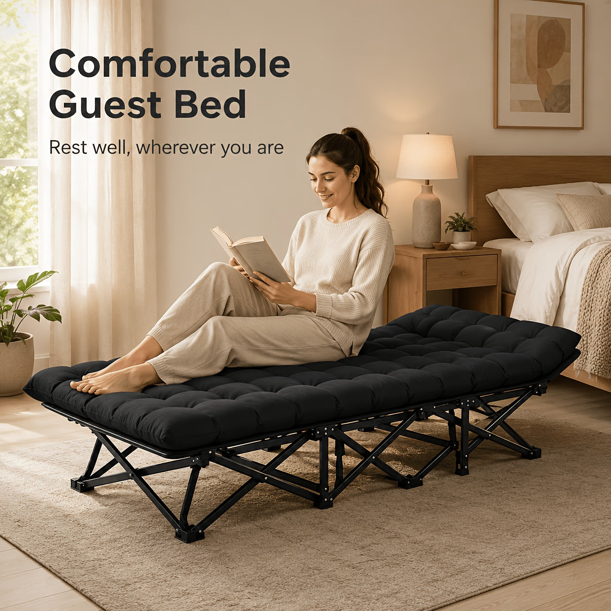 Lit pliant portable, avec matelas doux et épais, support à cadre en acier, convient pour un usage domestique, le camping et les voyages