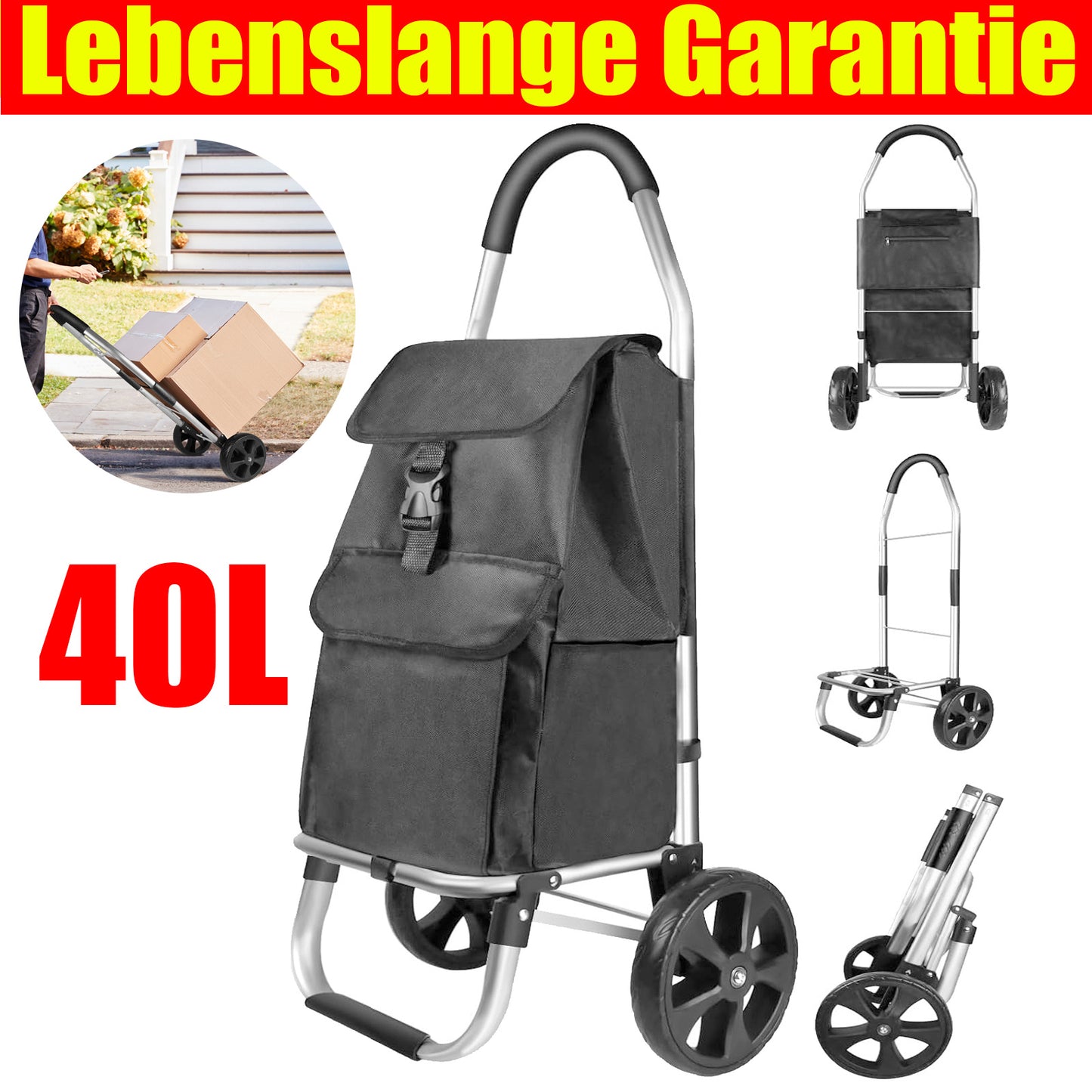 Chariot de courses léger pliable - Chariot d'escalier à 2 roues, grande capacité de 40L, sac amovible et cadre en aluminium durable, chariot d'épicerie pliable pour un rangement facile