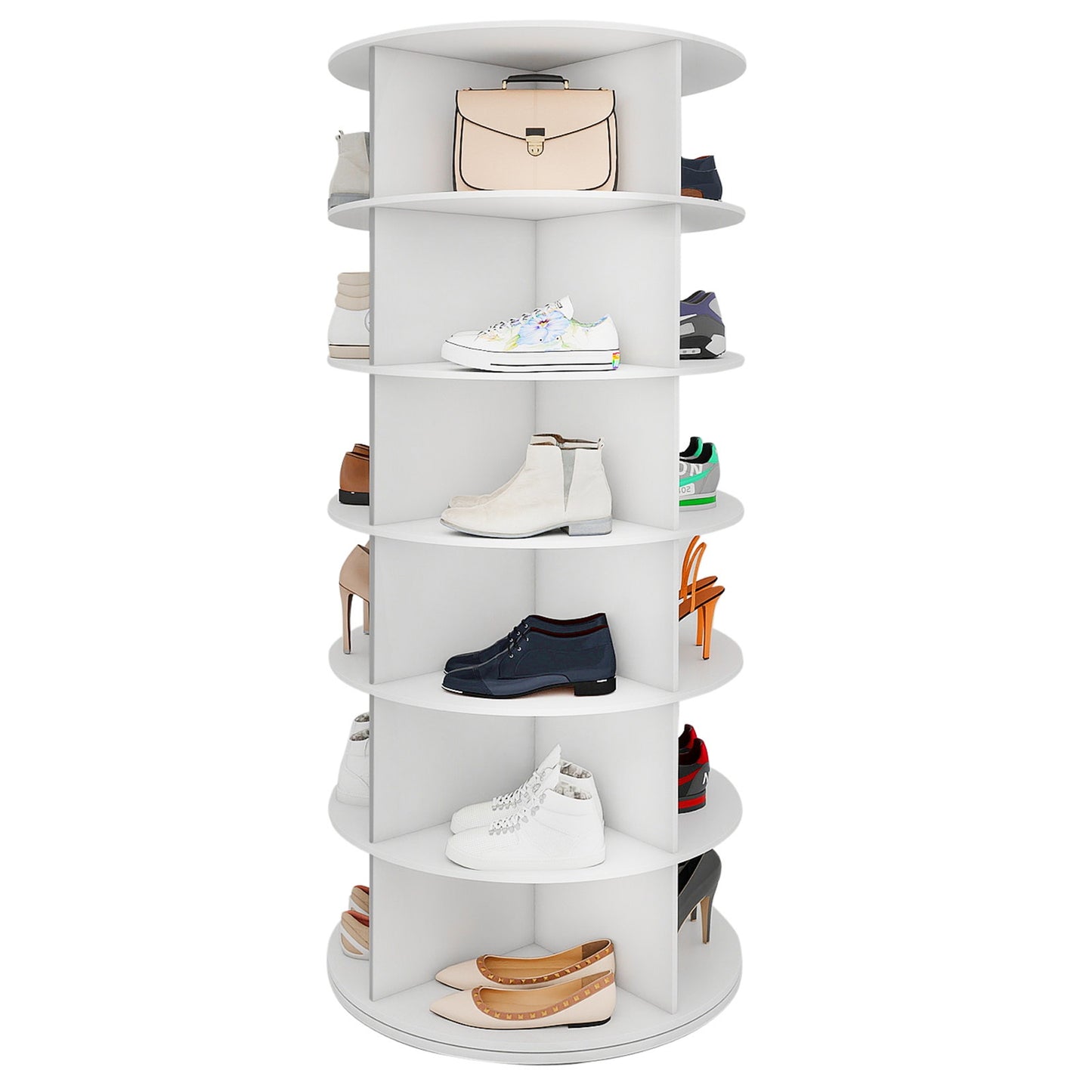 à chaussures rotative 5/6/7 niveaux pour 20/24/28 chaussures, présentoir rotatif à 360°, organisateur Lazy Susan blanc, étagère à chaussures, carrousel de rangement rond vertical pour chapeaux et sacs à main