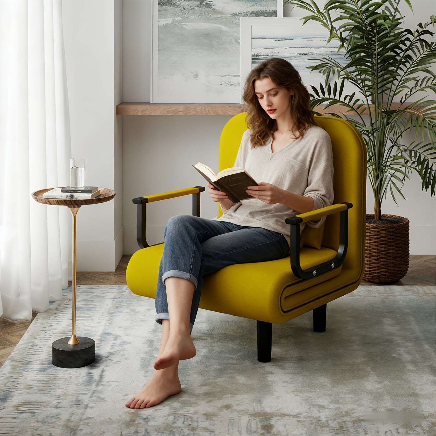 Fabuleux Fauteuil Lit Convertible 5-en-1 Fabulcozy, Fauteuil de Sieste Pliant avec Accoudoirs en Métal, Fauteuil de Détente Inclinable Réglable, Meuble de Rangement Peu Encombrant, Fauteuil de Salon, Montage Facile, Entrepôt Local
