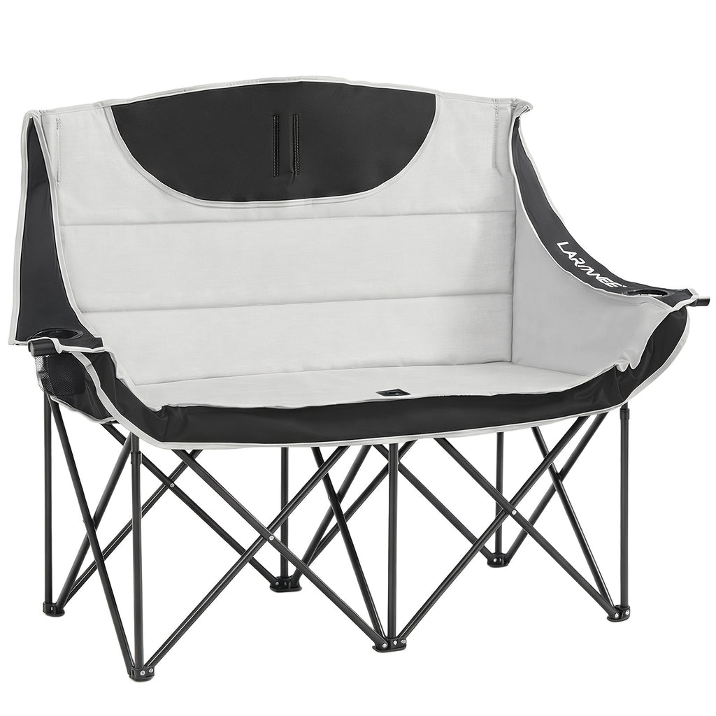 Canapé de camping double avec 2 porte-gobelets - 95 cm de large, supporte jusqu'à 200 kg, coussins bleu-gris doux, conception pliante portable, avec sac de rangement, parfait pour la pêche, les pique-niques, les plages et les pelouses, bleu et gris