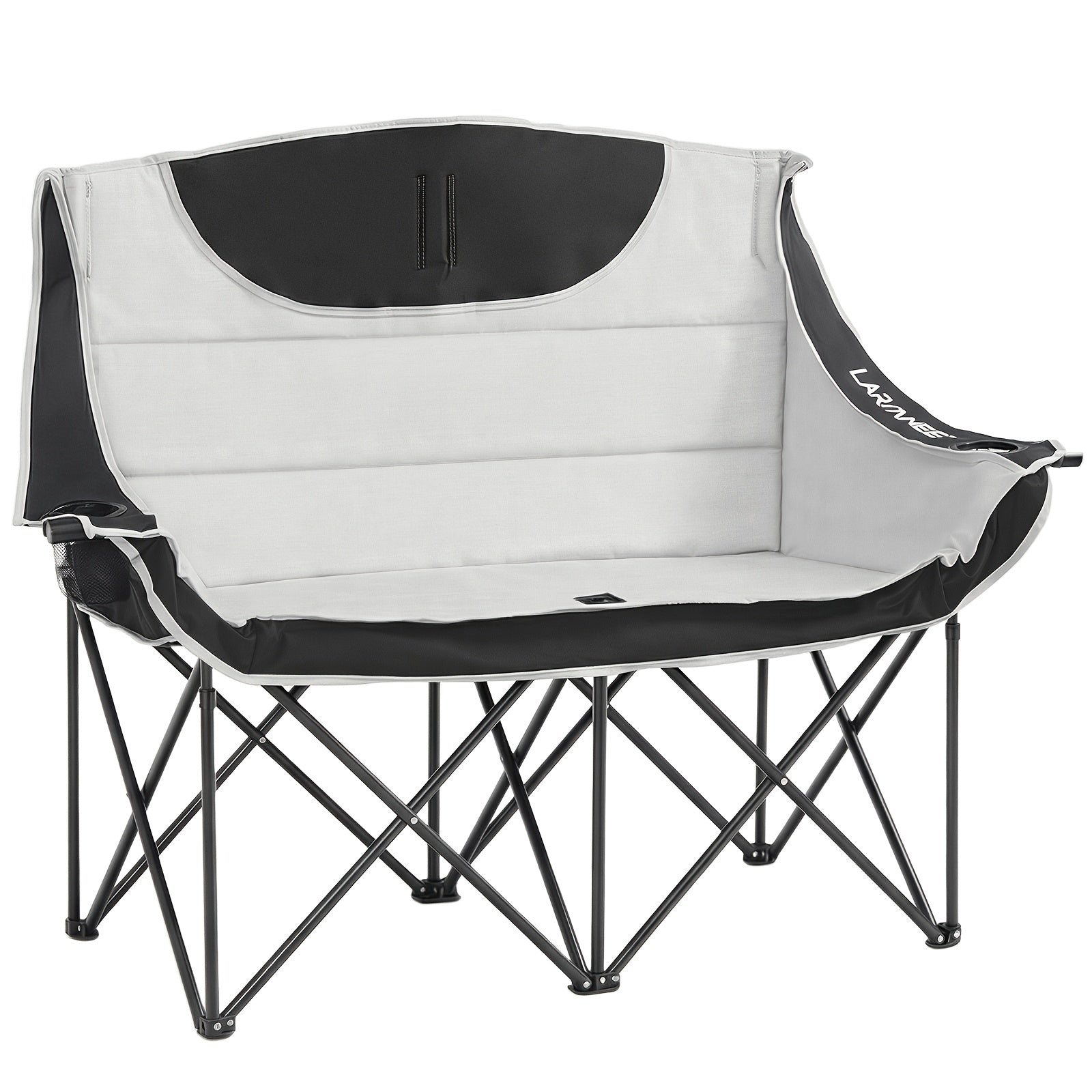 Canapé de camping double avec 2 porte-gobelets - 95 cm de large, supporte jusqu'à 200 kg, coussins bleu-gris doux, conception pliante portable, avec sac de rangement, parfait pour la pêche, les pique-niques, les plages et les pelouses, bleu et gris