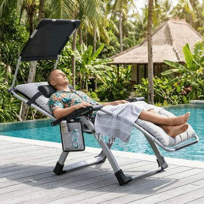 Lounge de soleil avec auvent, chaise longue pliable, très large, dossier réglable, coussin épaissi ergonomique, oreiller cervical, poches latérales, porte-gobelets, gris noir, gris clair, beige