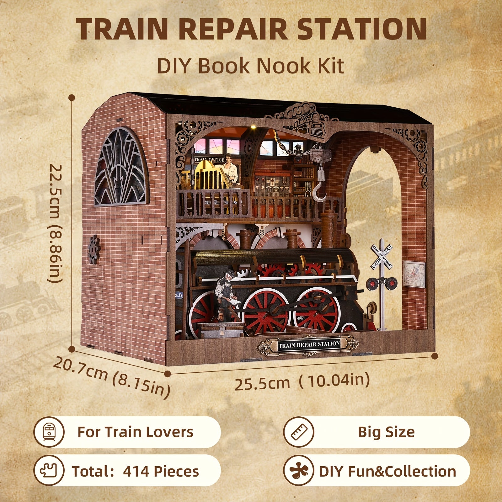 1 pc modèle de train bibliothèque 3D cottage, kit décoration architecture train, décoration miniature bureau maison cosy, ornement chambre parfait, cadeau idéal Saint-Valentin Thanksgiving Halloween Noël