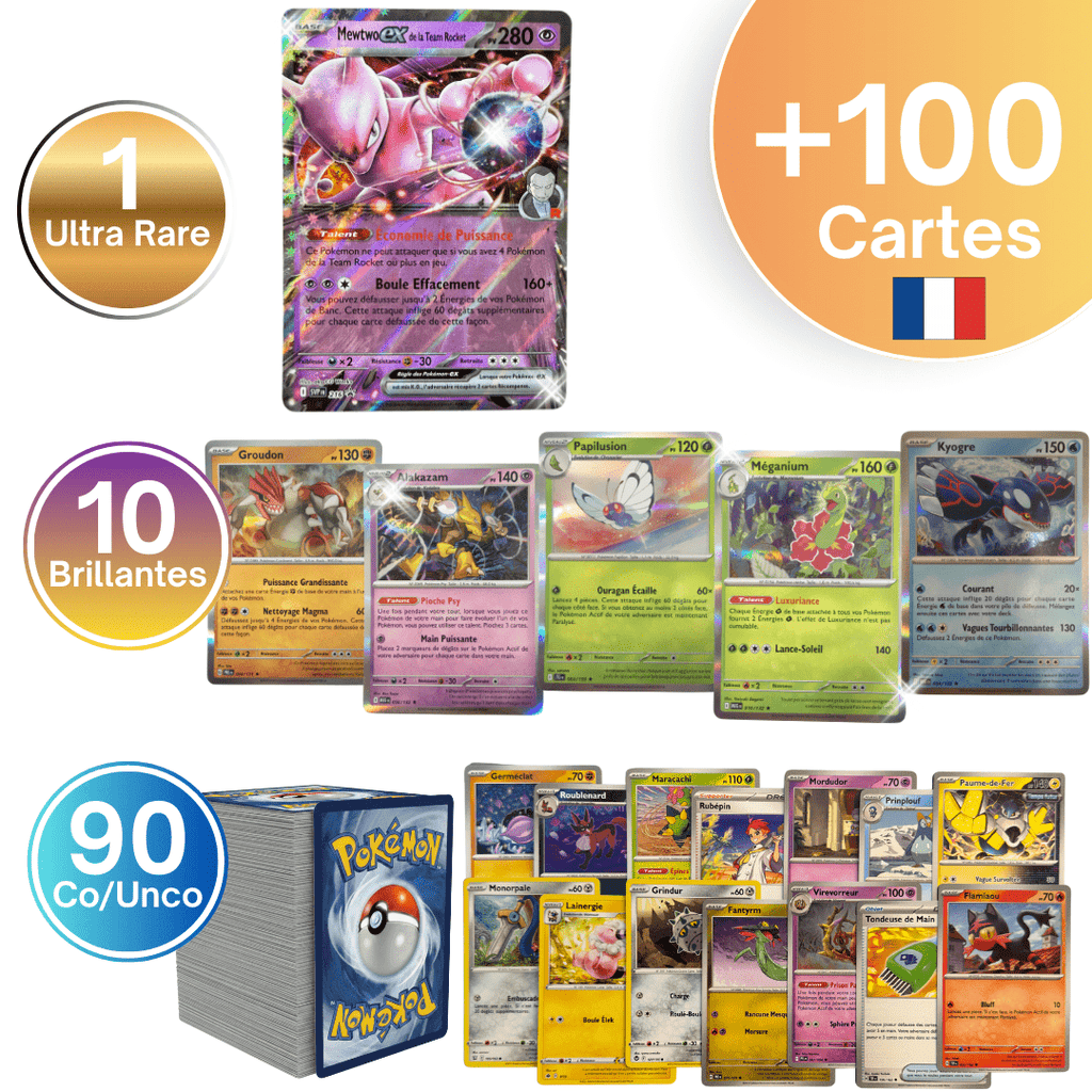 Pack Ultra Rare Cartes Pokémon TCG | 100+ Lot Cartes Pokémon - 1x Ultra ou Double Rare Garanti - Holos & Rares Inclus ! Cadeau Parfait pour Enfants & Collectionneurs - 100% authentique