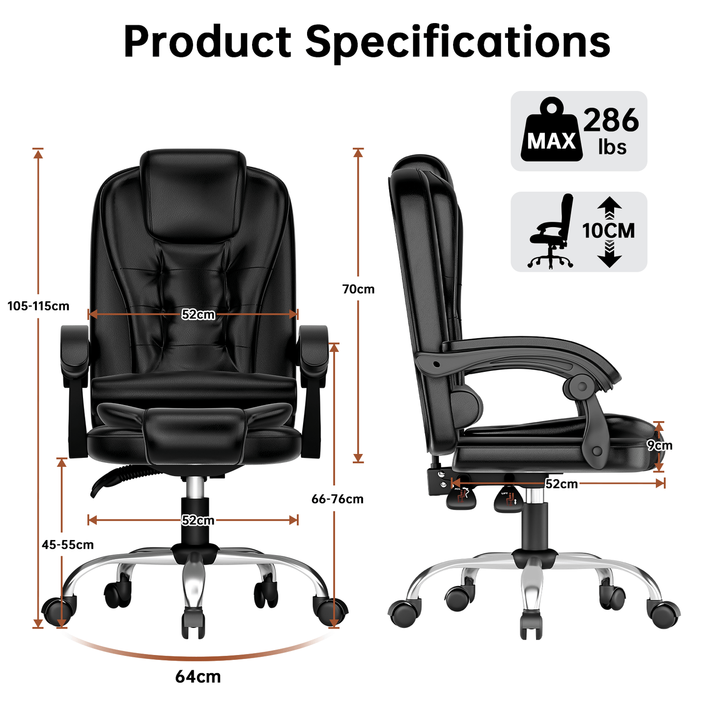 Chaise de bureau exécutive haute dossier, chaise de bureau ergonomique inclinable avec fonction d'inclinaison, chaise d'ordinateur robuste pour le travail à domicile