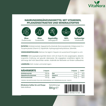 Complexe Prostatique 120 Capsules Haute Dose - Extrait de Palme de Sabre, Complexe Prostatique avec Graines de Citrouille, Ortie Piquante, Vitamine E, Zinc, Sélénium - Vegan, Prosta, Palme de Sabre - Expédié depuis l'Allemagne