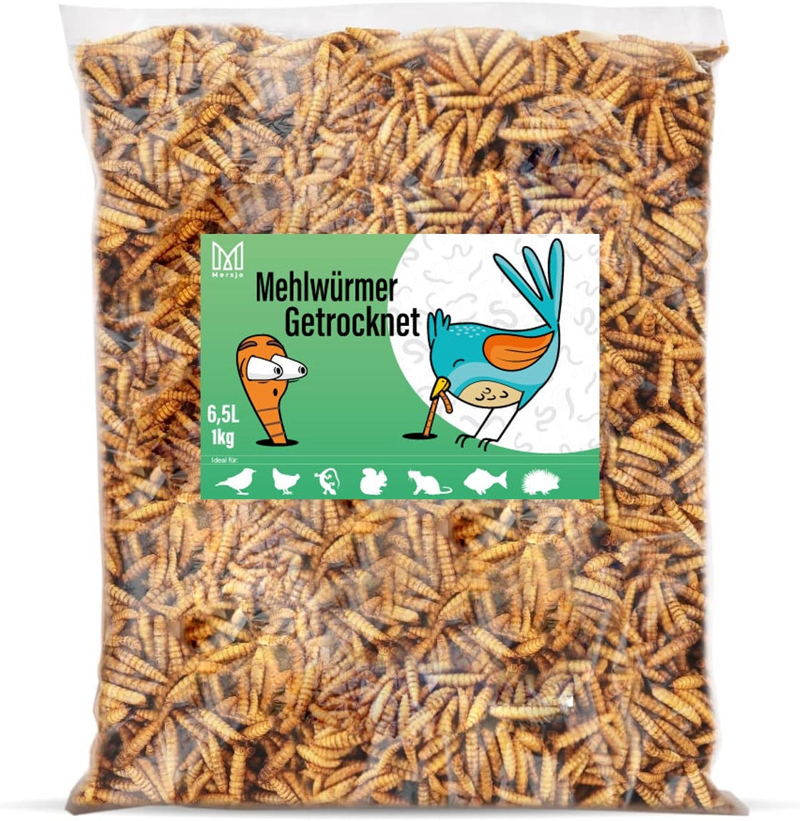 Larves de ver de farine séchées, aliment pour carpes koï, rongeurs, hérissons, oiseaux, reptiles, poissons, Mersjo 6,5 L 1 kg et 3 L 460 g