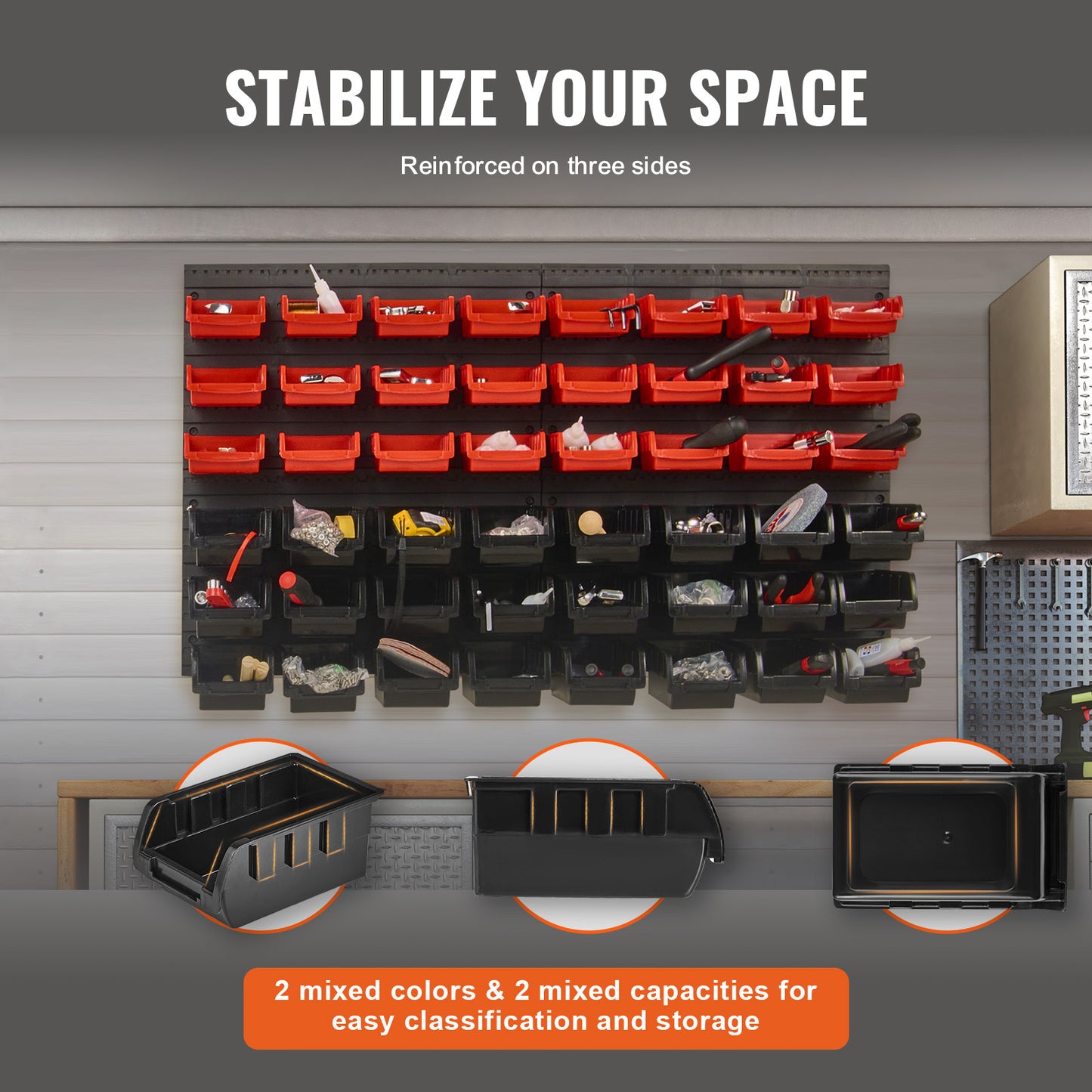 VEVOR Rangement mural pour pièces détachées, organiseur de garage à 48 compartiments en plastique avec panneaux muraux, rangement pour écrous, boulons, vis, clous, perles, boutons, autres petites pièces, noir et rouge