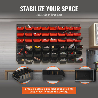 VEVOR Rangement mural pour pièces détachées, organiseur de garage à 48 compartiments en plastique avec panneaux muraux, rangement pour écrous, boulons, vis, clous, perles, boutons, autres petites pièces, noir et rouge