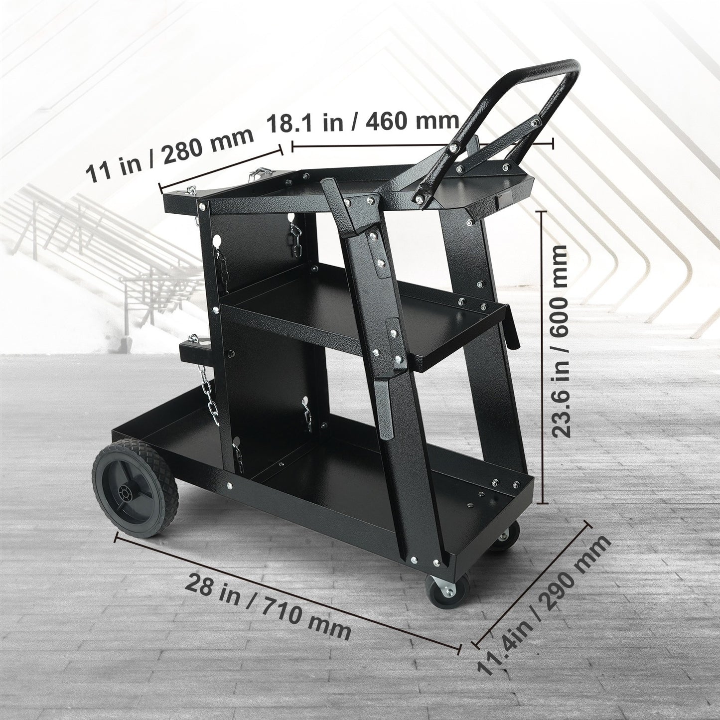 Chariot de soudage VEVOR à 3 niveaux pour charges lourdes avec une capacité de poids de 400 lbs, roues pivotantes à 360°, chaînes de sécurité pour le rangement du réservoir, chariot de soudage MIG à roulettes pour machines de soudage TIG, ARC, MMA et plas