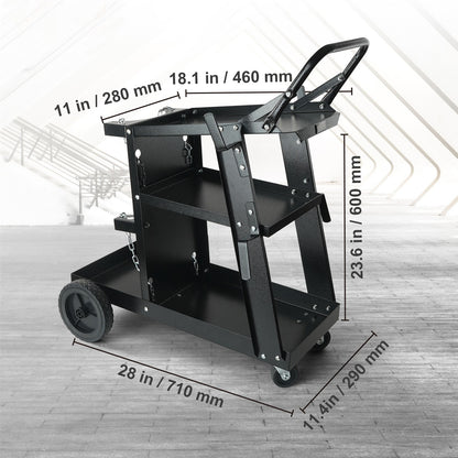 Chariot de soudage VEVOR à 3 niveaux pour charges lourdes avec une capacité de poids de 400 lbs, roues pivotantes à 360°, chaînes de sécurité pour le rangement du réservoir, chariot de soudage MIG à roulettes pour machines de soudage TIG, ARC, MMA et plas
