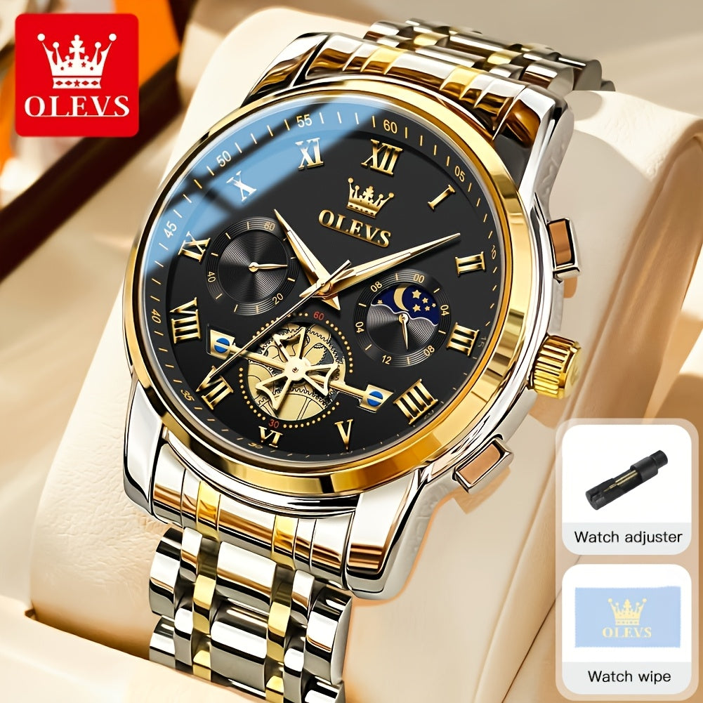 Montres pour Hommes OLEVS Montre à Quartz de Luxe avec Bracelet en Acier Inoxydable, Numéros Romains et Phases Lunaires Lumineuses, Classique Élégante, Cadeaux Romantiques de Noël, Relojes de Hombre Bleu/Noir/Blanche/Cadran Doré