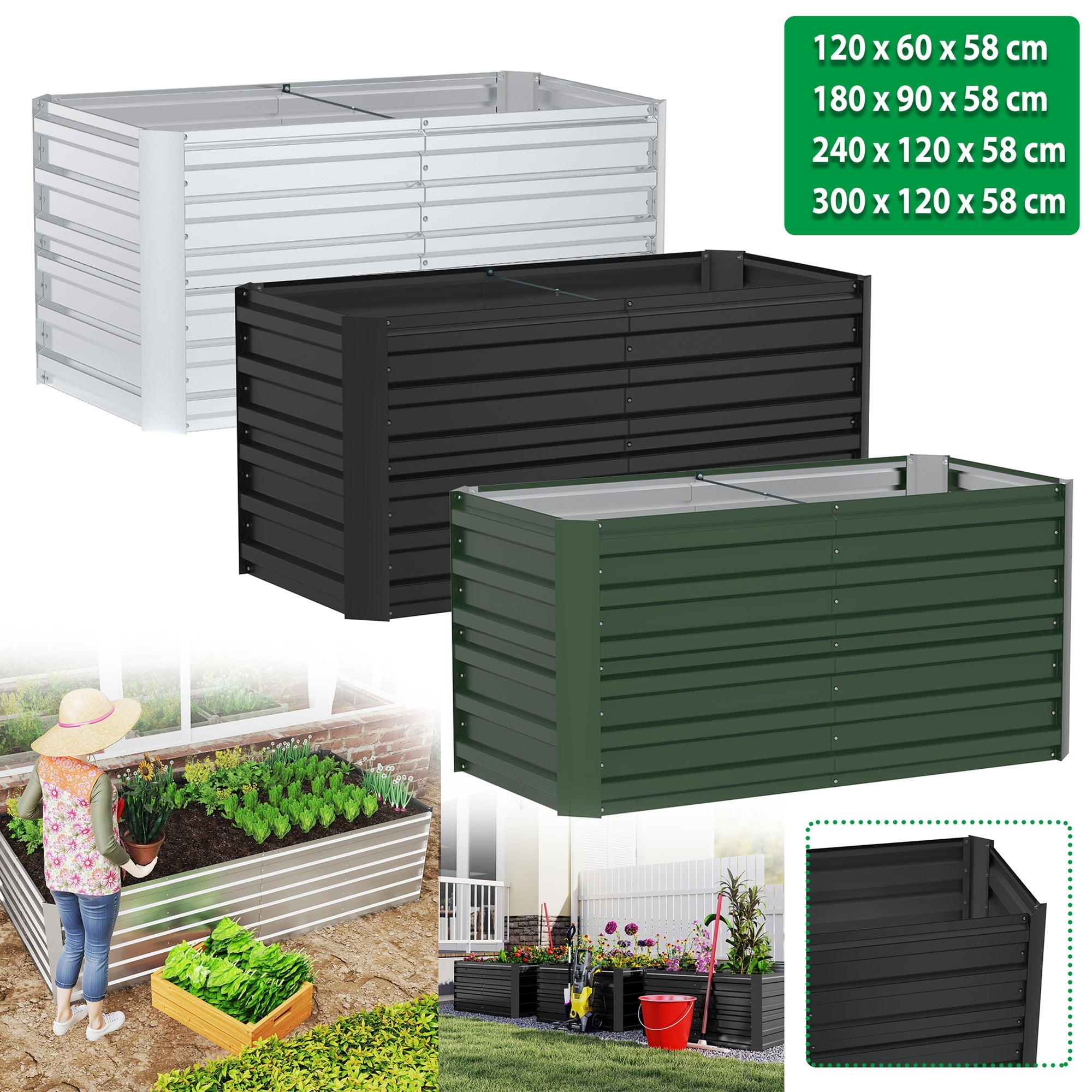 [Bac de jardin surélevé] Bac de Jardin Surélevé - Jardinage surélevé - Bac à Légumes - Boîte à Fleurs en Acier Vert/Noir/Argenté