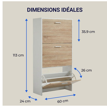 Meuble à chaussures avec 3 compartiments à abattant, armoire de rangement en bois pour jusqu'à 18 paires, organisateur d'entrée peu encombrant