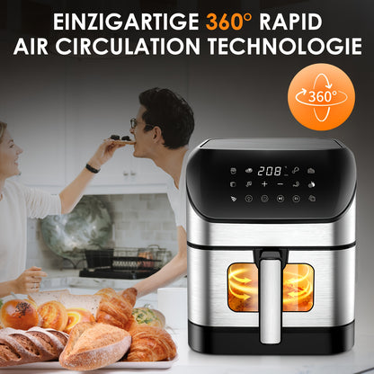 Friteuse à Air 9L avec Fenêtre Transparente - Friteuse Carrée 10-en-1 : Friture, Rôtissage, Réchauffage, Déshydratation, Cuisson, Cuisson à la Vapeur, Frites, Crème Anglaise, Poulet, Ailes, Fruits de Mer, Légumes